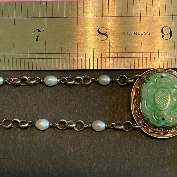 Antique Sterling Silver Jade Button and Pearl Necklace - Picture 2 of 2